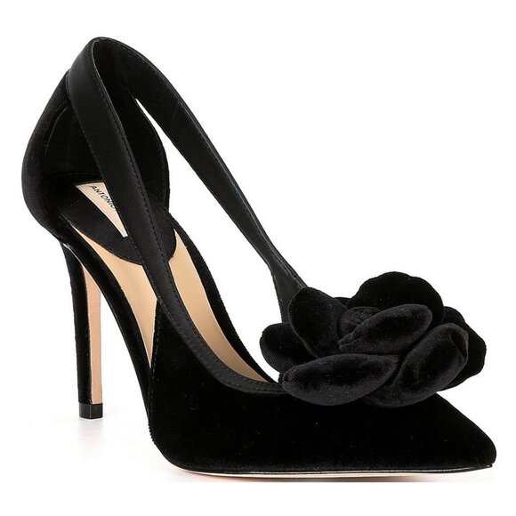 ANTONIO MELANI Ester Velvet Black Rose Flower Heels Pumps Size 6 Pointed Toe NEW - Picture 1 of 13